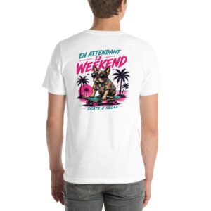 T-shirt unisexe brodé «  En attendant le weekend » impression dos
